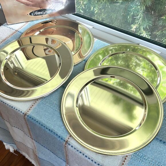 Set of 4 Vintage Royal Silver Brass Charger Plates – 11.5” Decorative Dinner Set - Picture 3 of 16